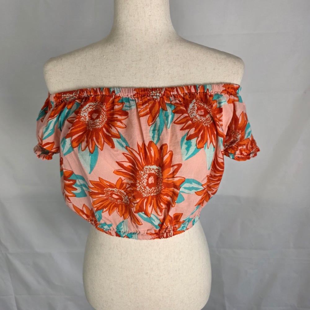 Aerie Womens M Orange Sunflower Off The Shoulder Crop Top Boho Floral Blouse‎